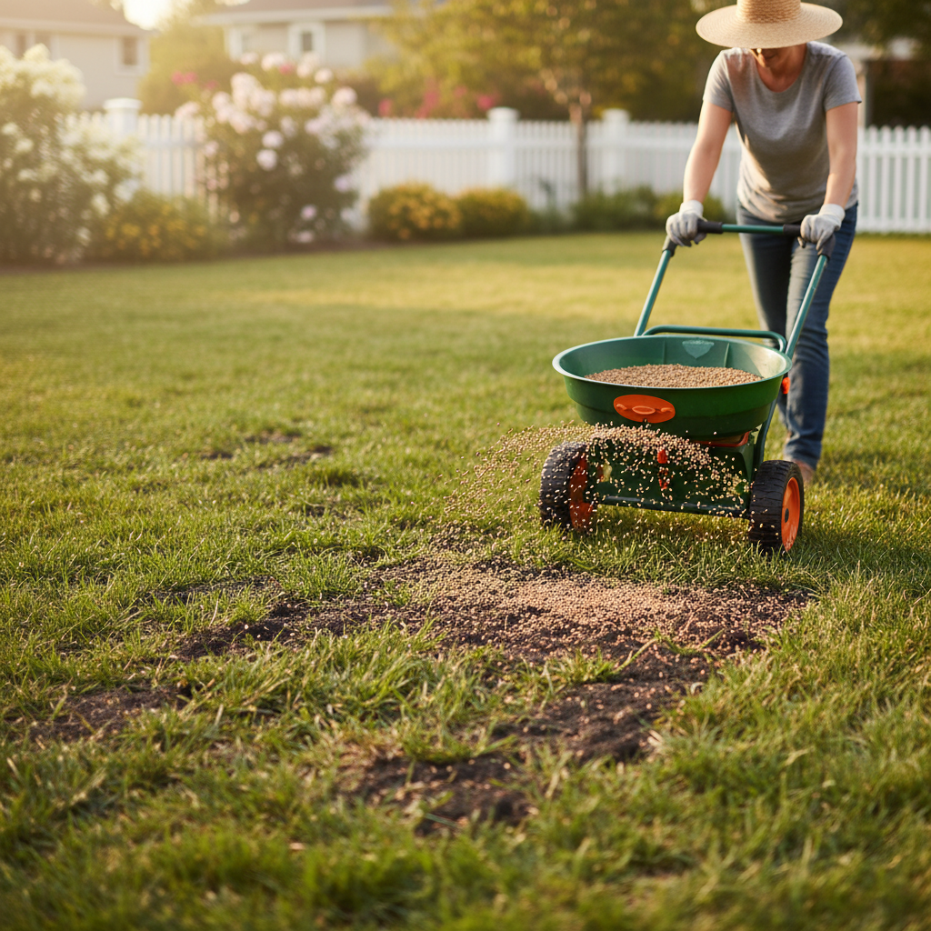 Homeowner using a spreader to apply grass seed on a thin lawn.