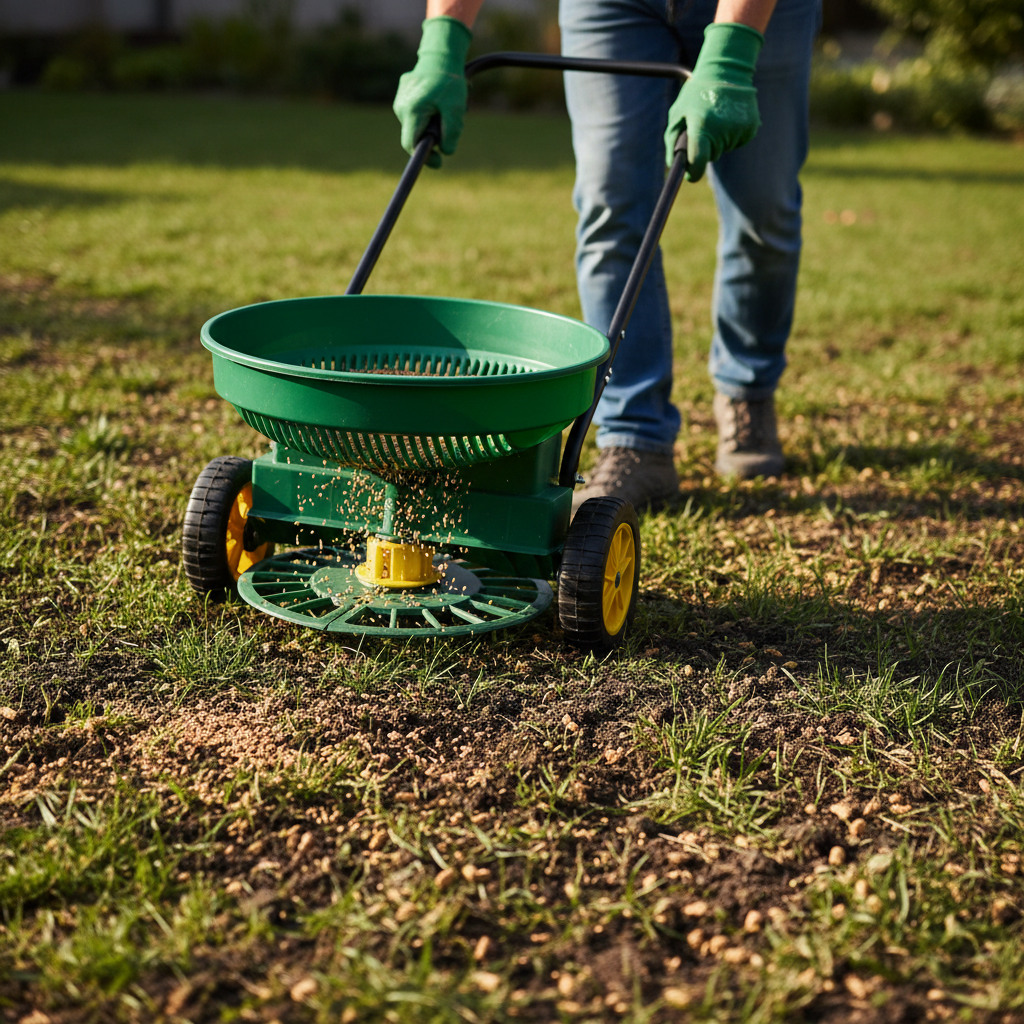 Homeowner using a broadcast spreader to overseed a prepared lawn after dethatching and aeration for a thicker lawn.