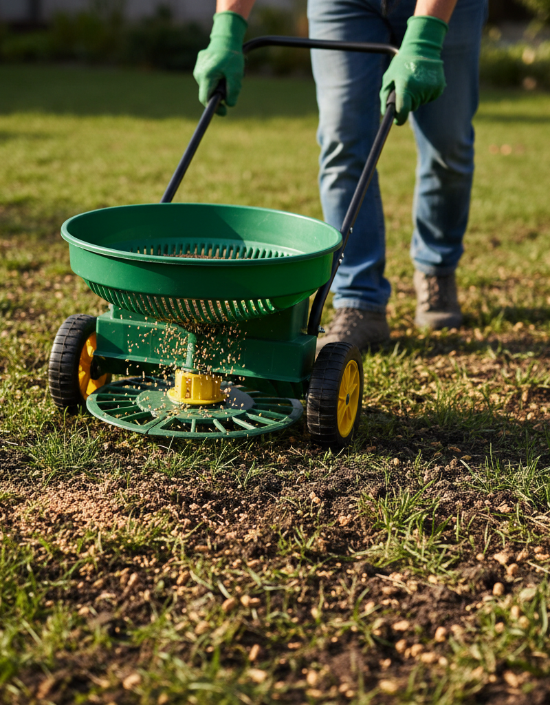 Homeowner using a broadcast spreader to overseed a prepared lawn after dethatching and aeration for a thicker lawn.