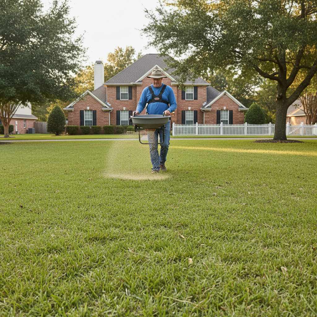 Homeowner using a broadcast spreader to overseed a thin lawn with new grass seed