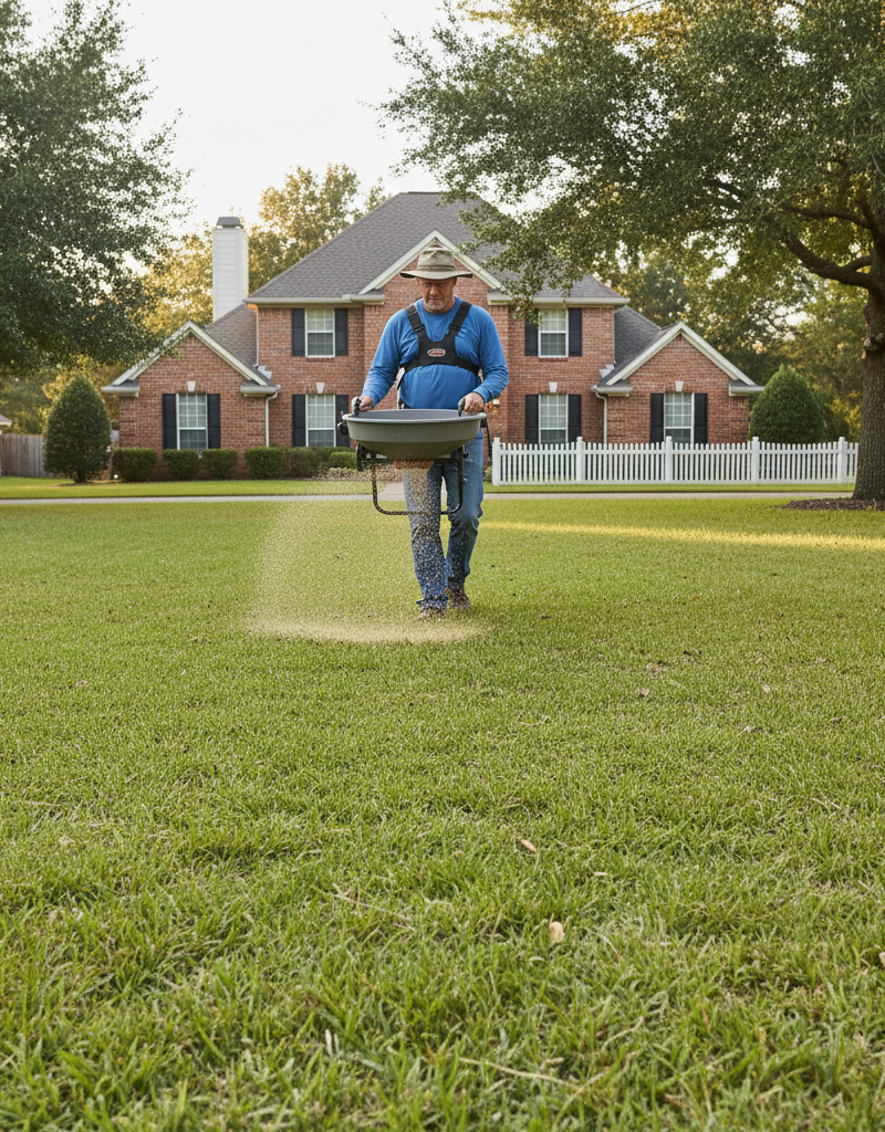 Homeowner using a broadcast spreader to overseed a thin lawn with new grass seed