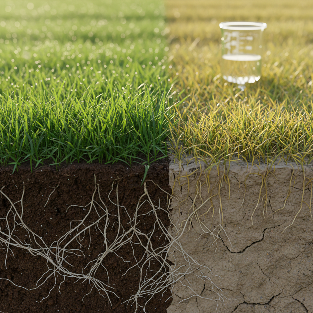 Healthy lawn grass with deep roots contrasting with shallow, unhealthy roots, illustrating proper watering.