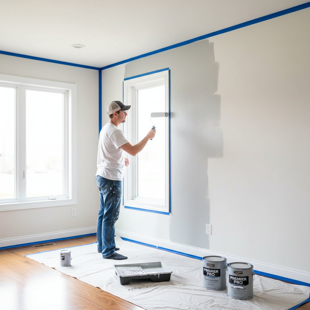 Homeowner painting a bedroom wall with a roller, showing clean lines and proper technique.
