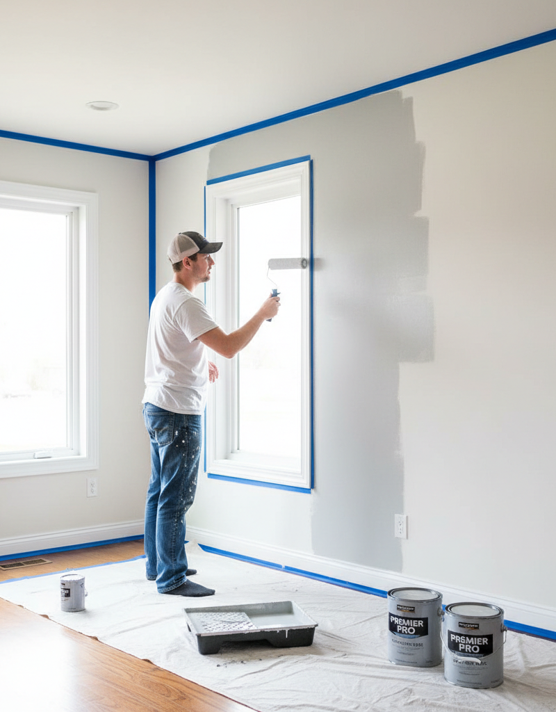 Homeowner painting a bedroom wall with a roller, showing clean lines and proper technique.