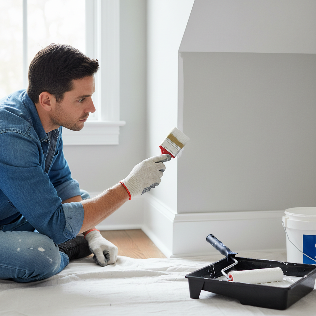 Homeowner carefully cutting in paint along a wall edge with an angled brush for a crisp line.