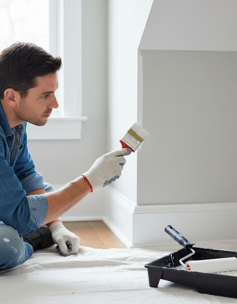 Homeowner carefully cutting in paint along a wall edge with an angled brush for a crisp line.