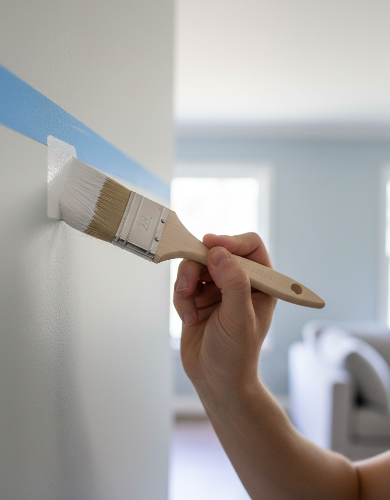 Homeowner using an angled brush to precisely paint a wall edge next to painter's tape, showing a clean line and smooth finish.