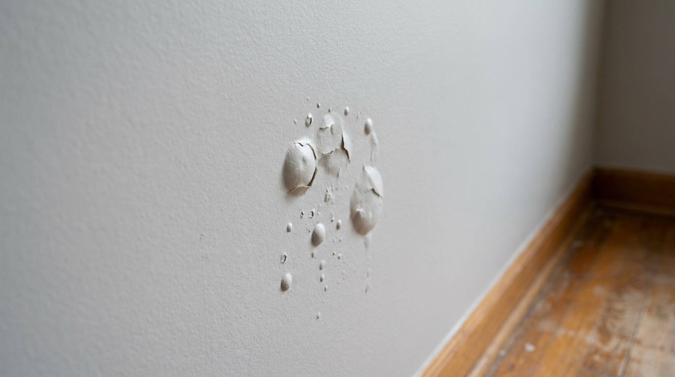 A close-up of a gray painted wall with multiple paint bubbles and blisters, indicating an adhesion problem.