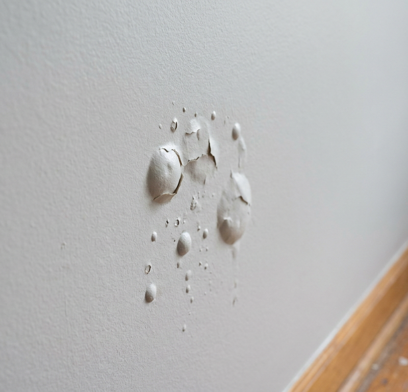 A close-up of a gray painted wall with multiple paint bubbles and blisters, indicating an adhesion problem.