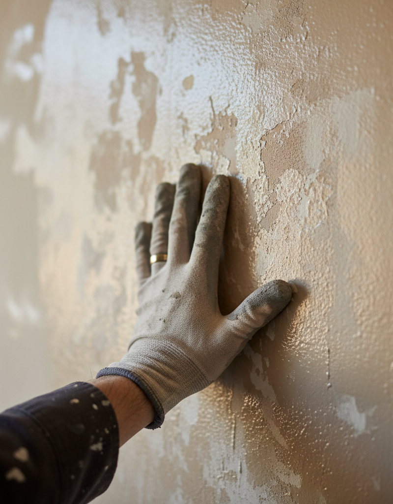 Close-up of a wall with blotchy, uneven paint, showing inconsistent color and sheen after a DIY paint job.