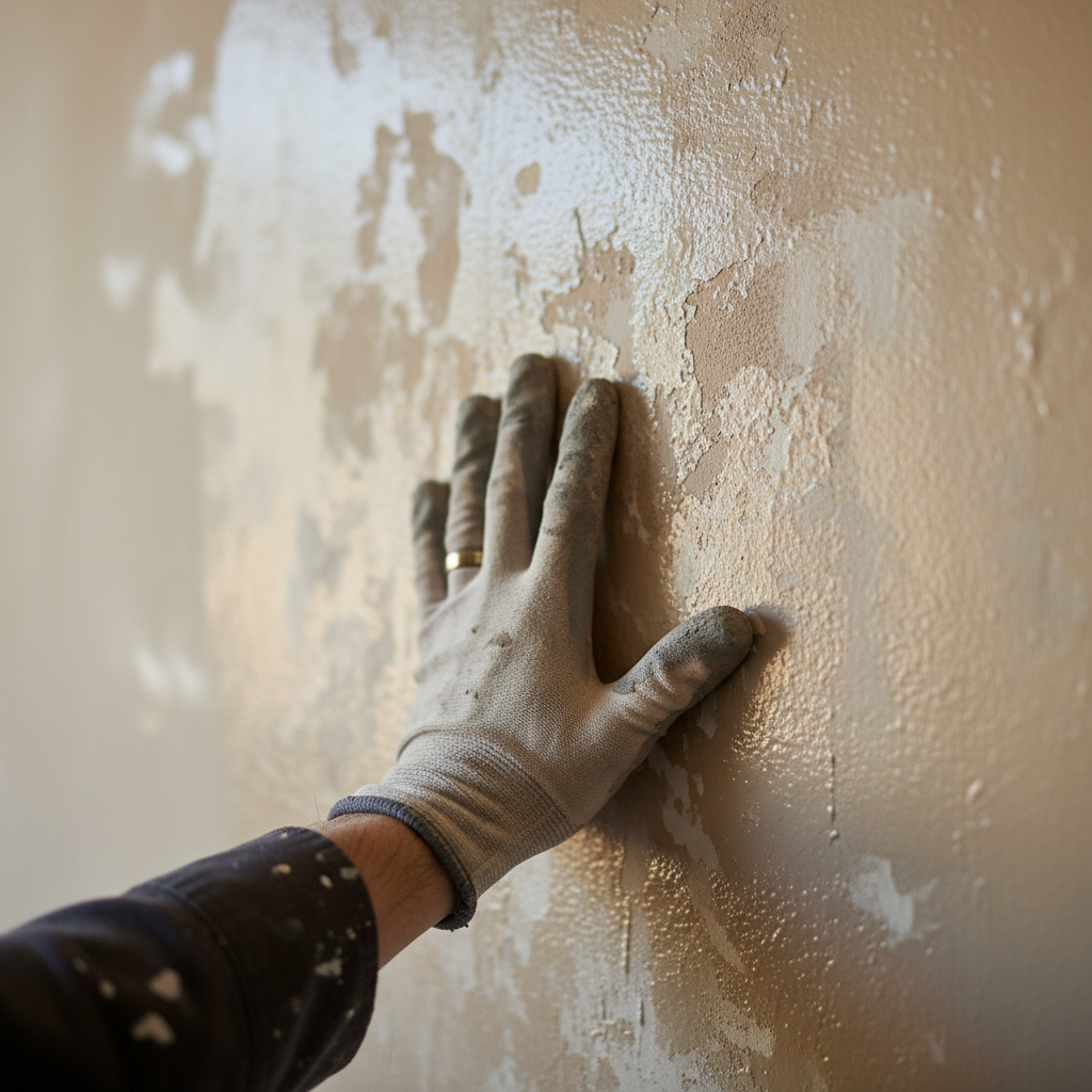 Close-up of a wall with blotchy, uneven paint, showing inconsistent color and sheen after a DIY paint job.