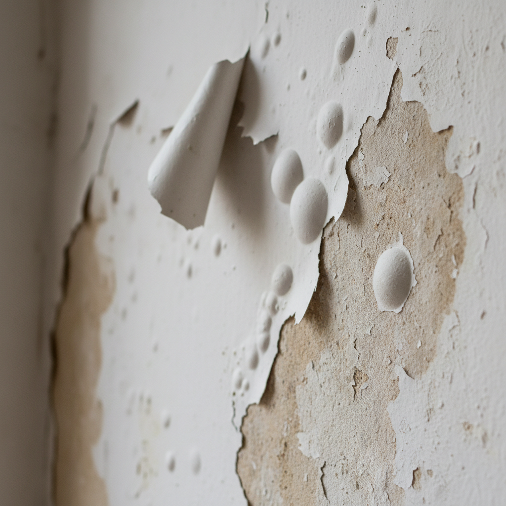 Close-up of interior wall paint peeling and bubbling, showing drywall underneath