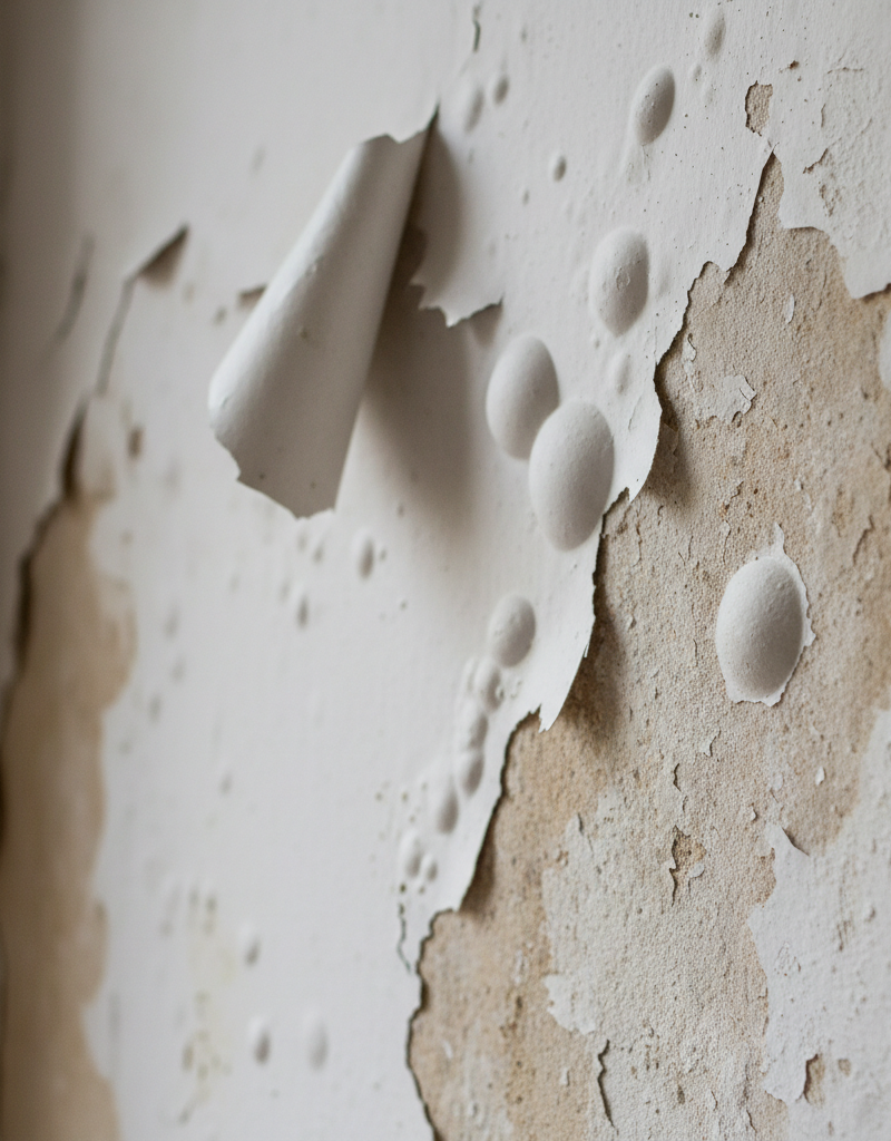 Close-up of interior wall paint peeling and bubbling, showing drywall underneath
