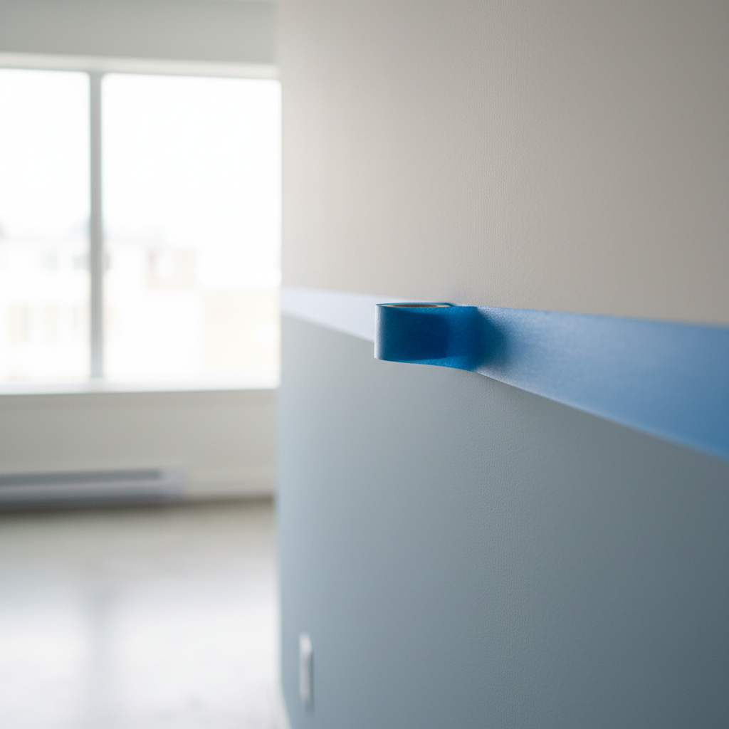 Person carefully peeling painter's tape from a wall to reveal crisp, clean painted stripes.