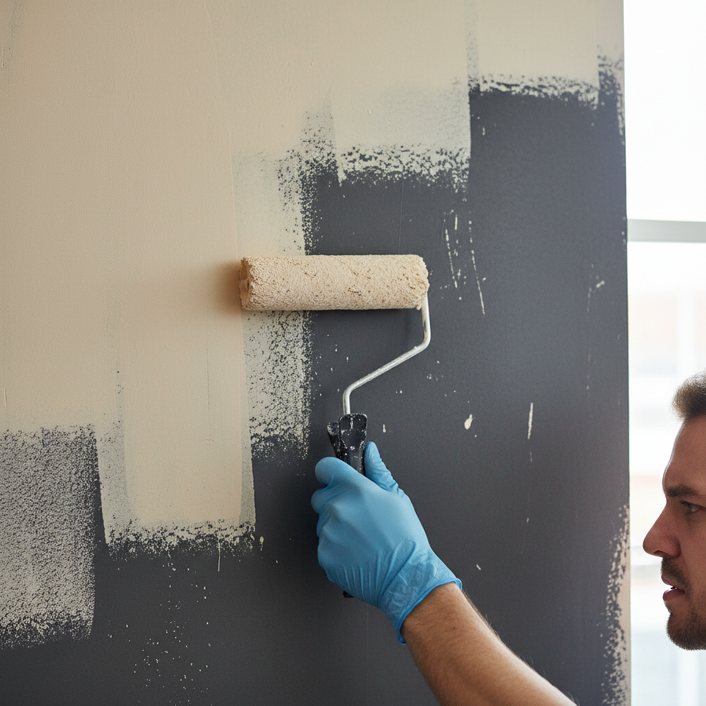 Close-up of a wall showing new light gray paint failing to cover a dark red underneath, with patchy and translucent areas visible.