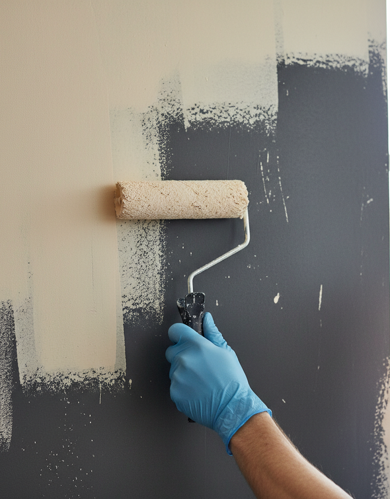 Close-up of a wall showing new light gray paint failing to cover a dark red underneath, with patchy and translucent areas visible.
