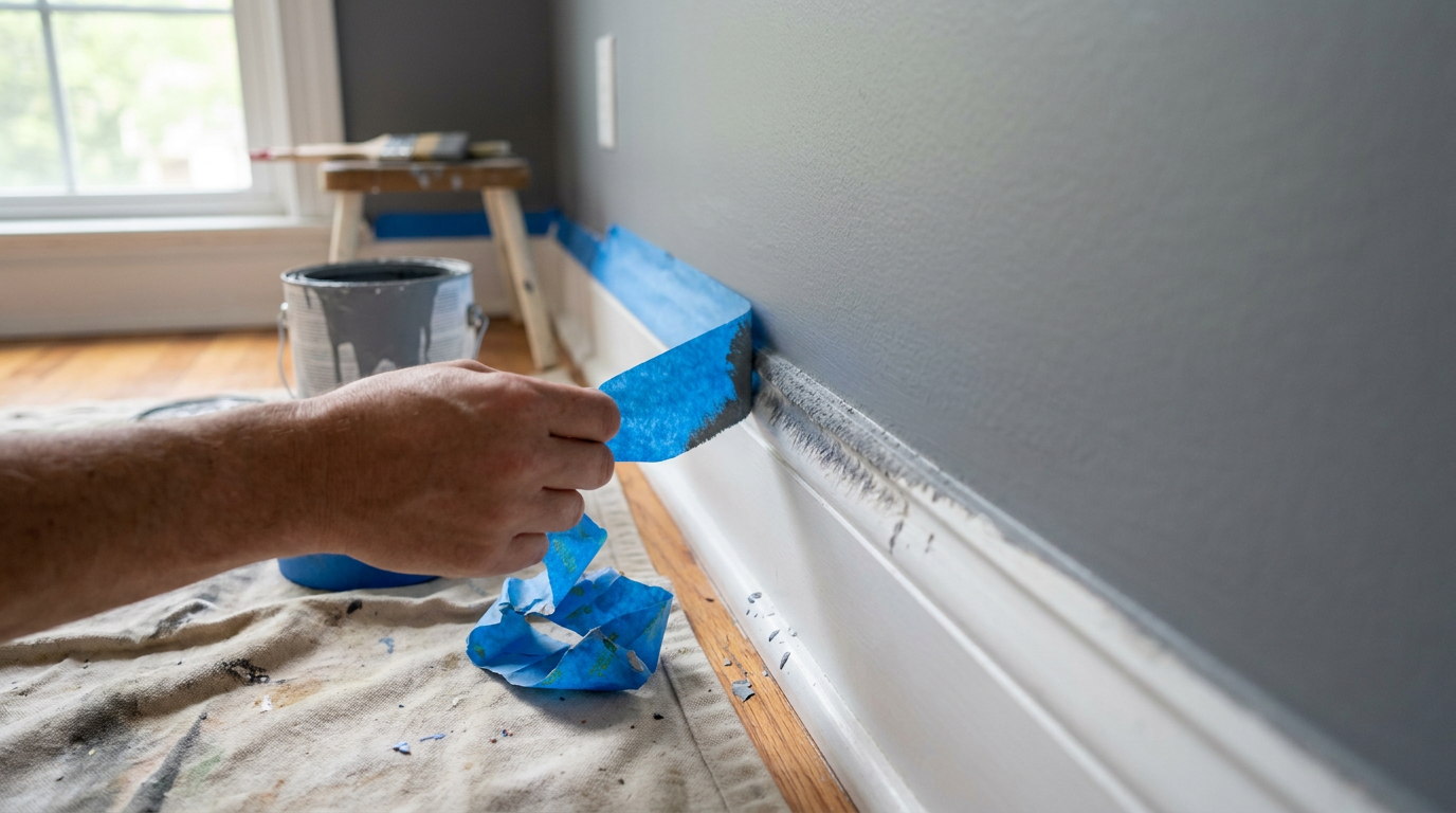 A close-up of blue painter's tape being pulled off a wall, showing a fuzzy, bleeding paint line.