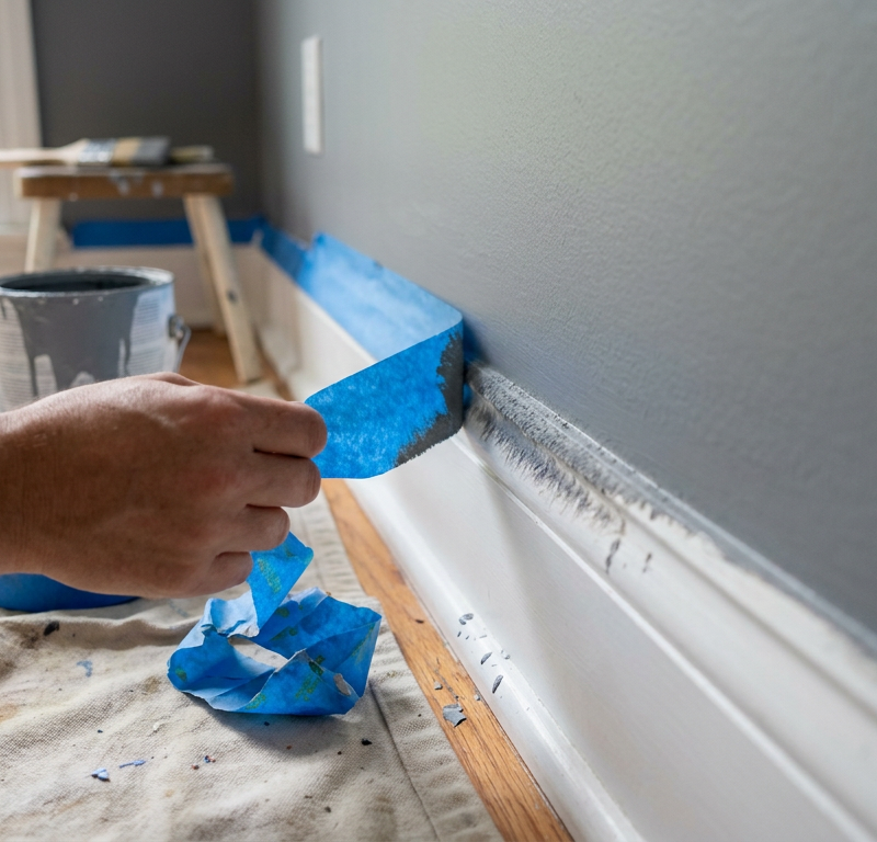 A close-up of blue painter's tape being pulled off a wall, showing a fuzzy, bleeding paint line.