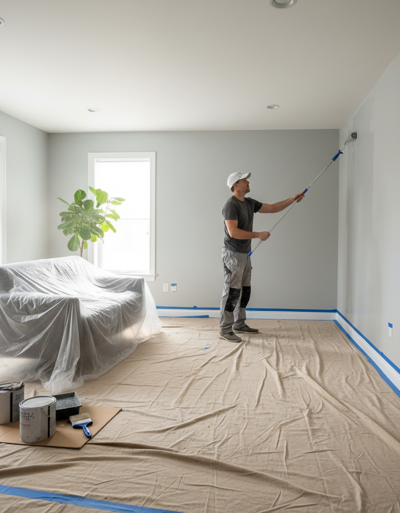 Homeowner applying paint smoothly with a roller and extension pole, showing proper painting technique with drop cloths and taped trim.