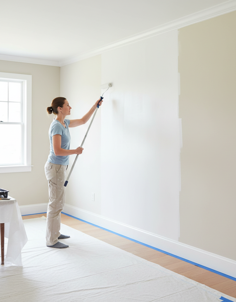 A homeowner skillfully painting an interior wall with a roller, ensuring a smooth and even finish.