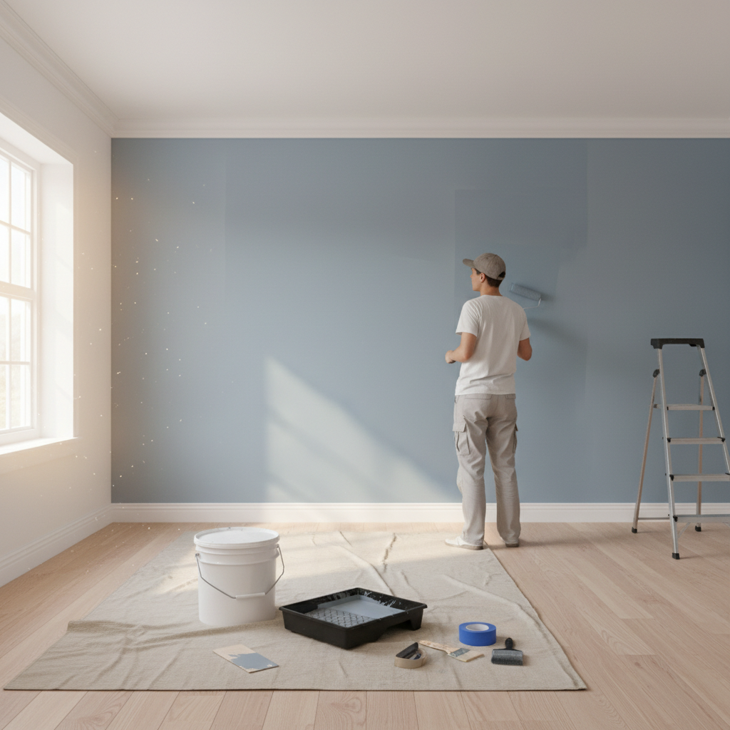 Person painting a bedroom wall with a roller, showing clean lines and proper technique.