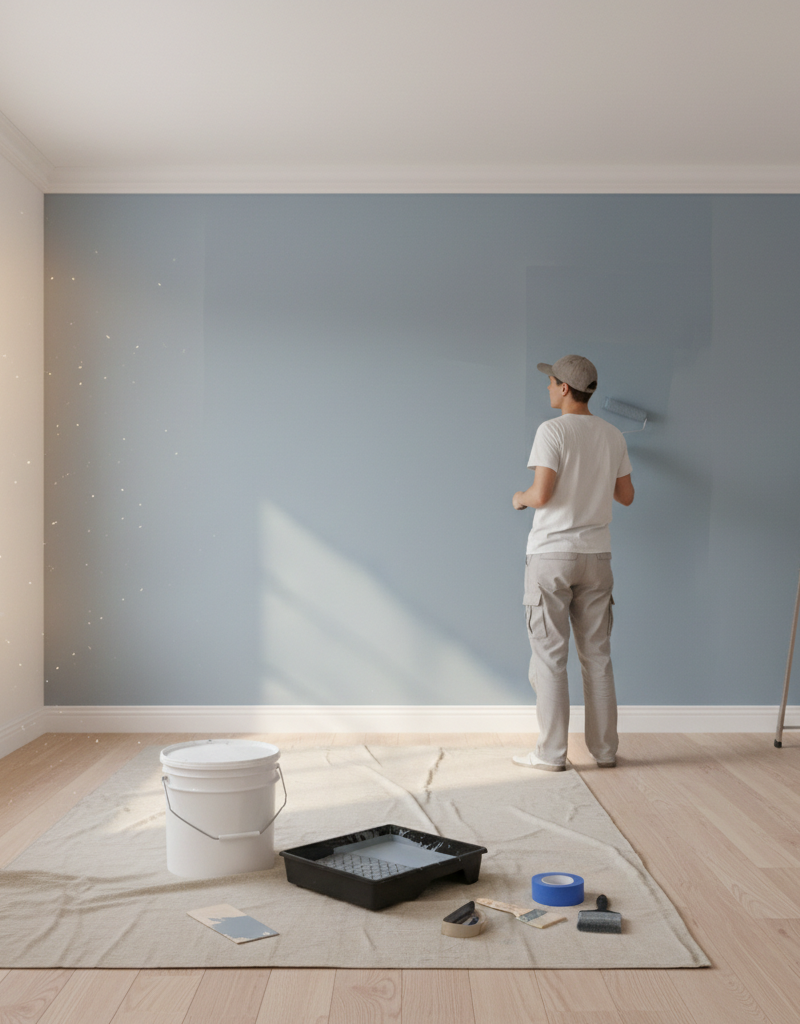 Person painting a bedroom wall with a roller, showing clean lines and proper technique.