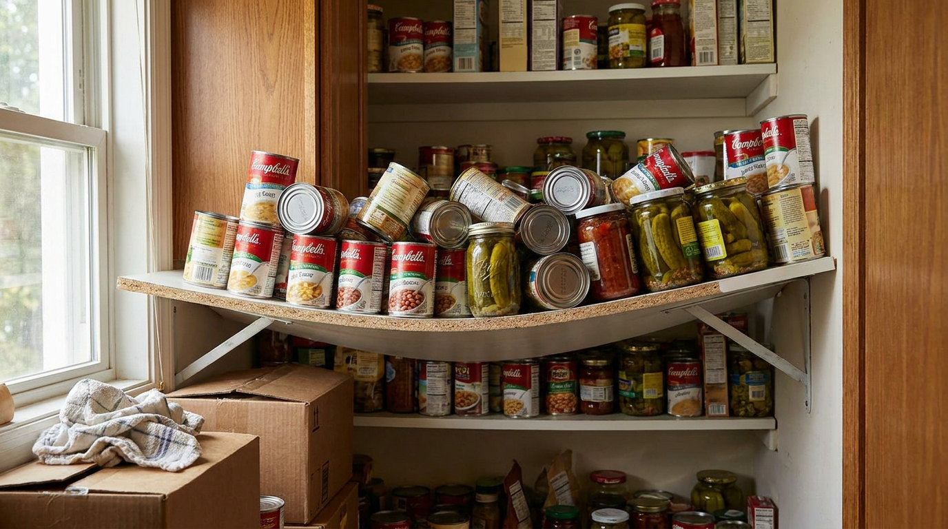 A white pantry shelf sagging badly in the middle under the heavy weight of canned goods and food jars.