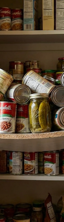 A white pantry shelf sagging badly in the middle under the heavy weight of canned goods and food jars.