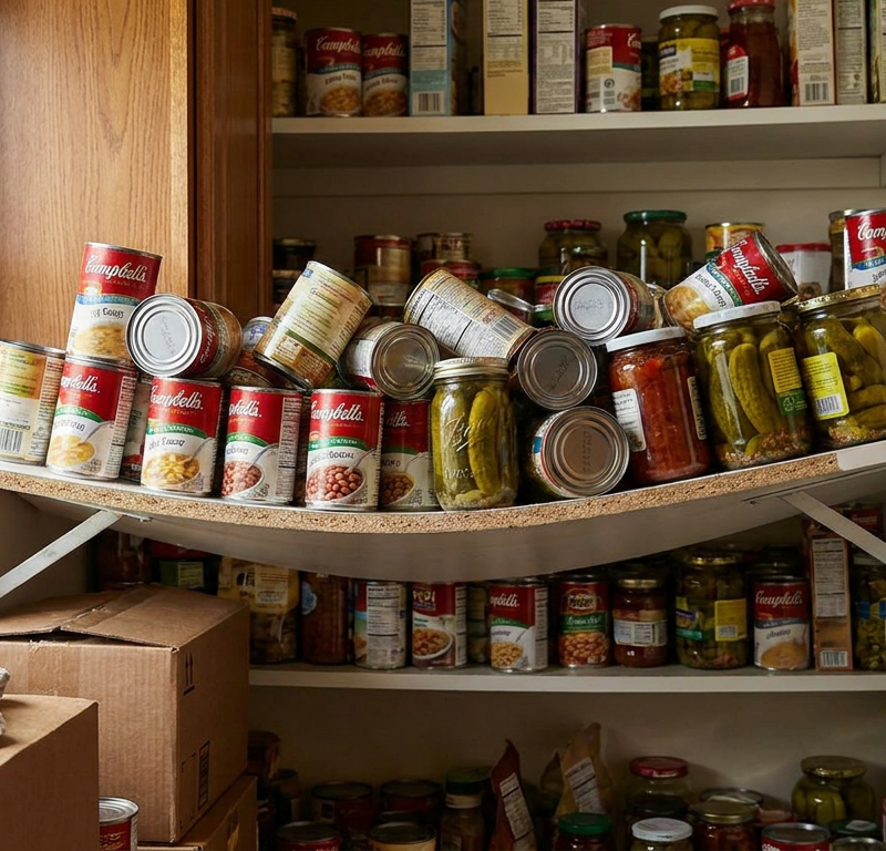 A white pantry shelf sagging badly in the middle under the heavy weight of canned goods and food jars.