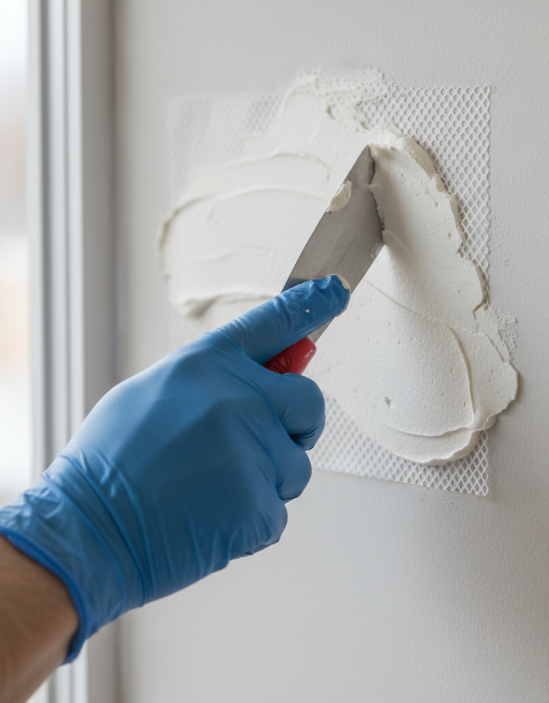 Hand applying joint compound over a white fiberglass mesh patch on a light beige drywall wall.