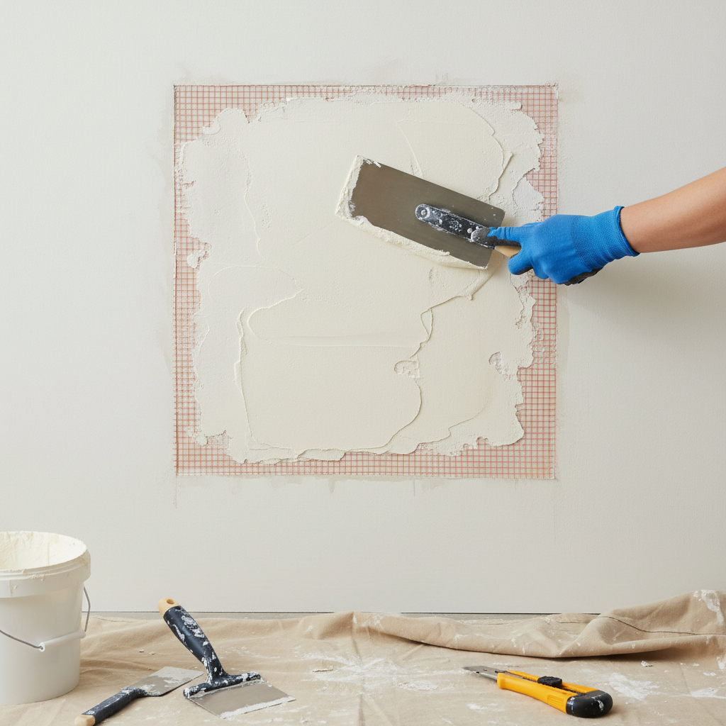 Homeowner applying joint compound with a drywall knife over a large drywall patch reinforced with mesh tape.