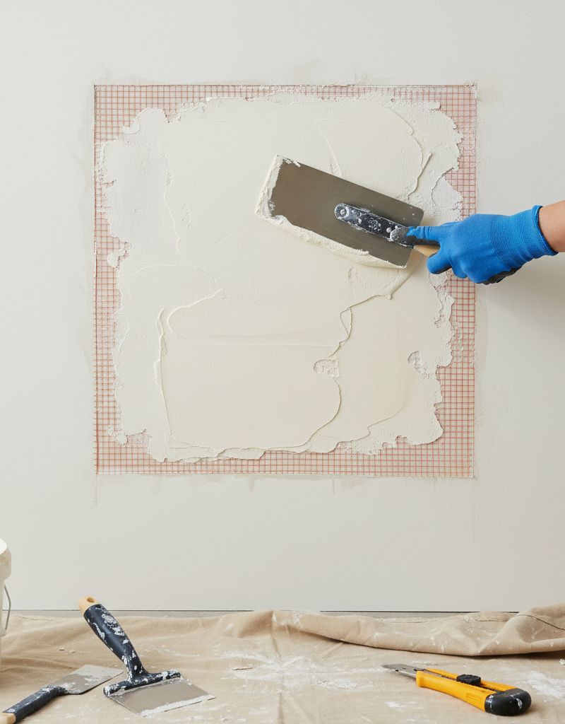 Homeowner applying joint compound with a drywall knife over a large drywall patch reinforced with mesh tape.