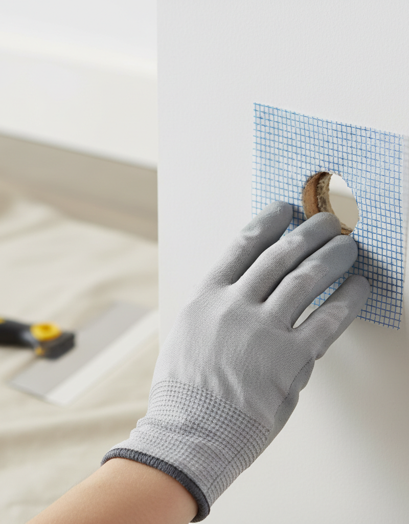 Hand applying a mesh drywall patch over a small hole in a white wall