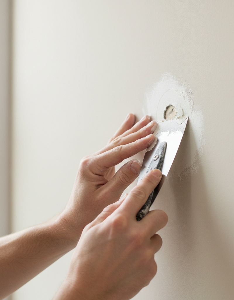 Hands applying joint compound to a patched drywall hole with a knife