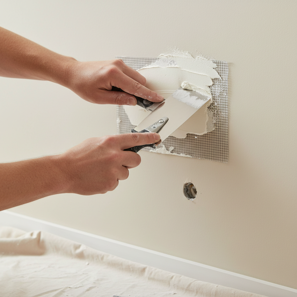 Homeowner applying joint compound over a mesh patch to repair a small hole in a drywall wall