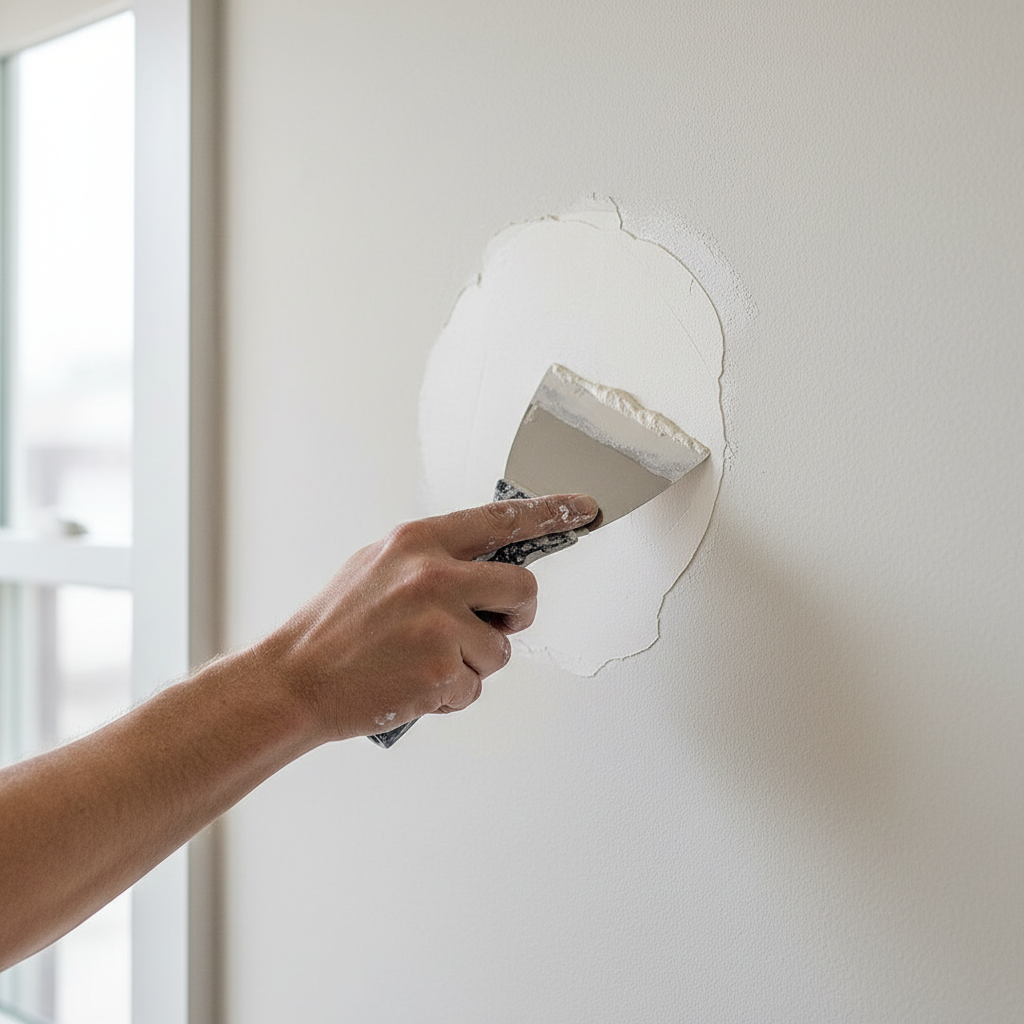 Homeowner applying joint compound to a small drywall patch, demonstrating feathering technique for an invisible repair.