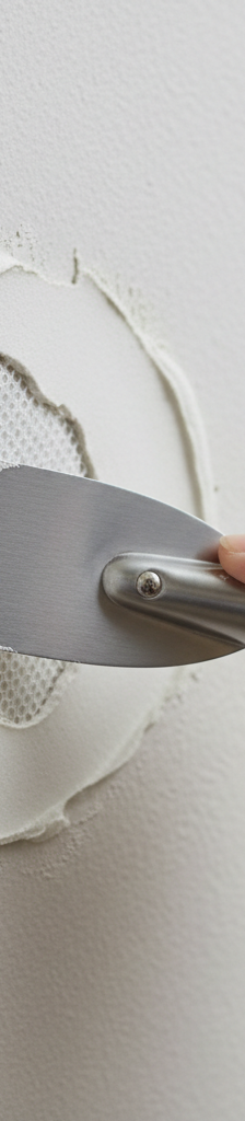 Homeowner smoothing joint compound over a small drywall patch on an interior wall with a drywall knife.