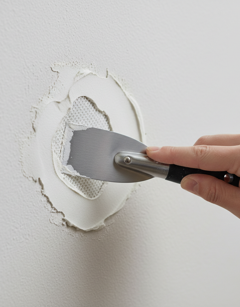 Homeowner smoothing joint compound over a small drywall patch on an interior wall with a drywall knife.