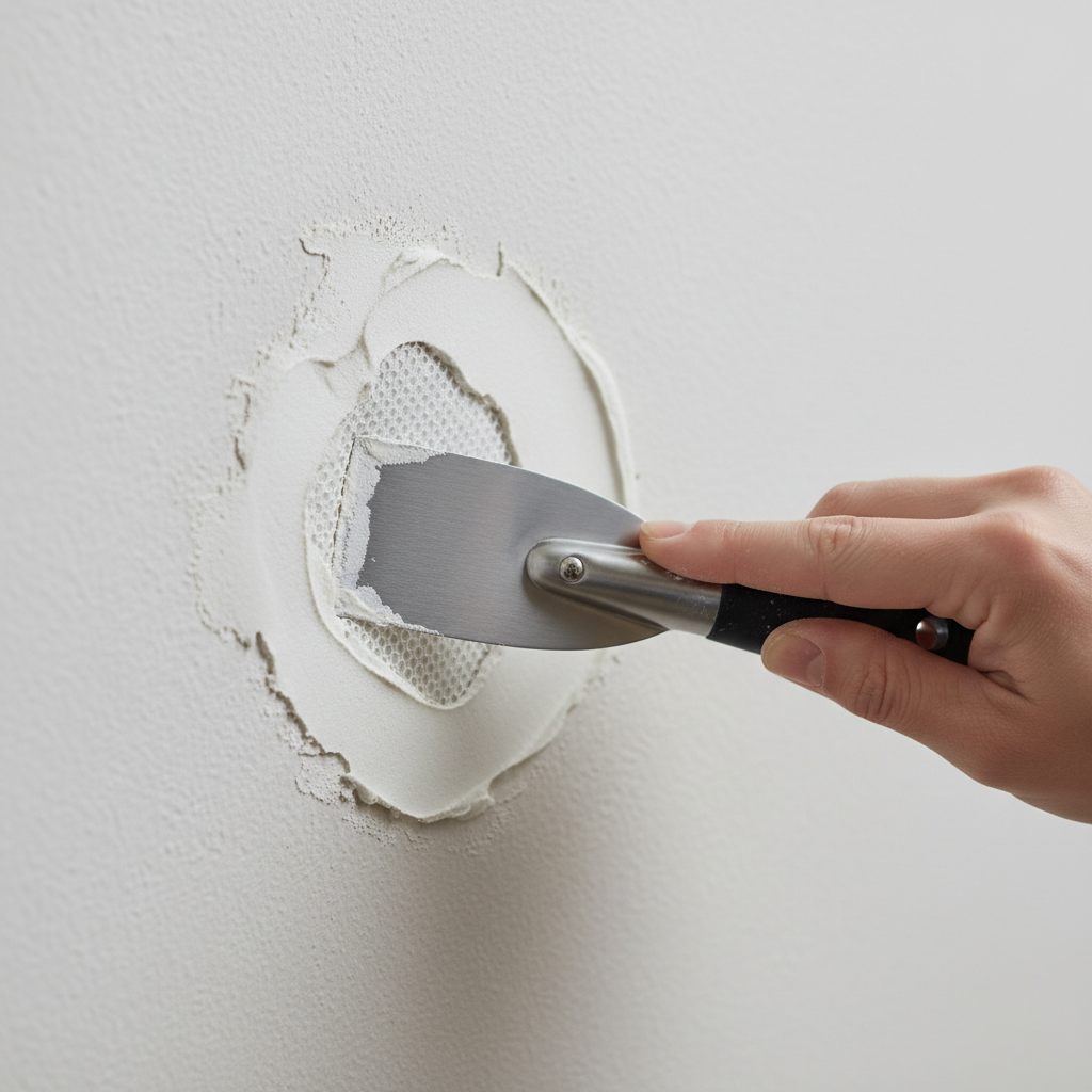 Homeowner smoothing joint compound over a small drywall patch on an interior wall with a drywall knife.