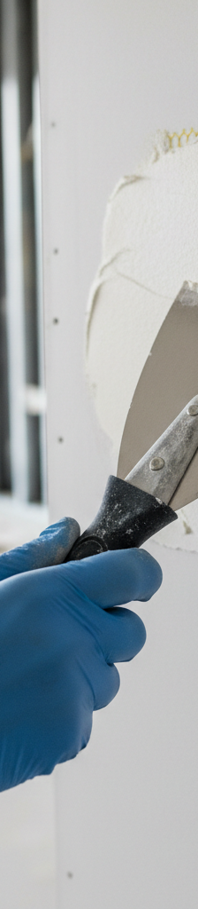 A homeowner's hand applies joint compound over a mesh drywall patch with a drywall knife.
