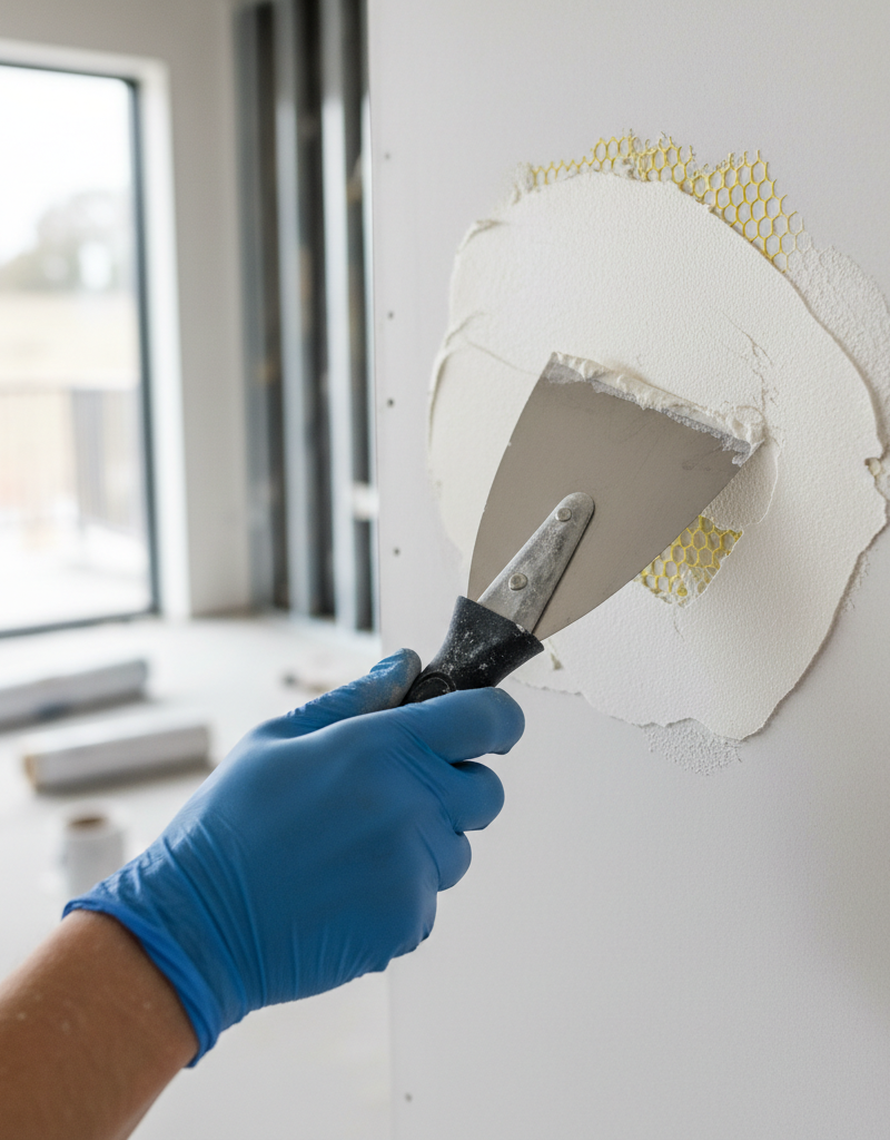 A homeowner's hand applies joint compound over a mesh drywall patch with a drywall knife.