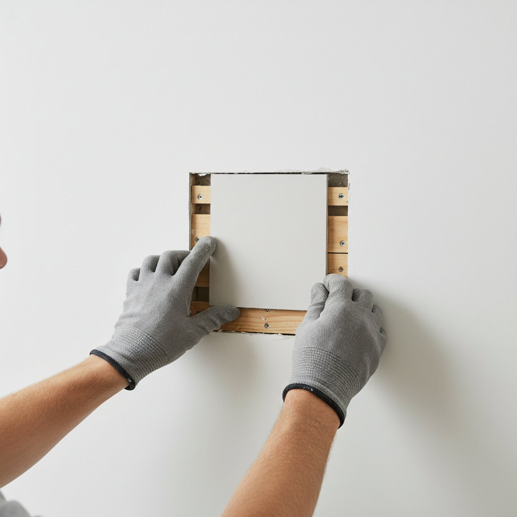 Homeowner carefully installing a new drywall patch into a large square hole with wooden backing visible