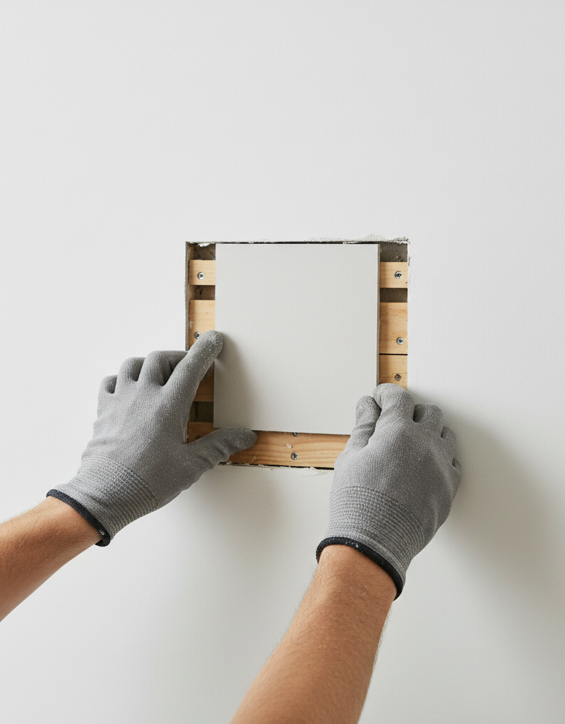 Homeowner carefully installing a new drywall patch into a large square hole with wooden backing visible