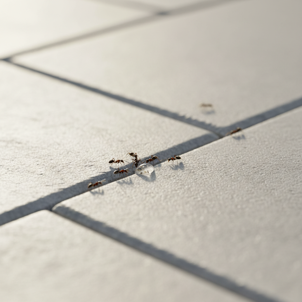 Close-up of ants marching on a patio with ant bait nearby