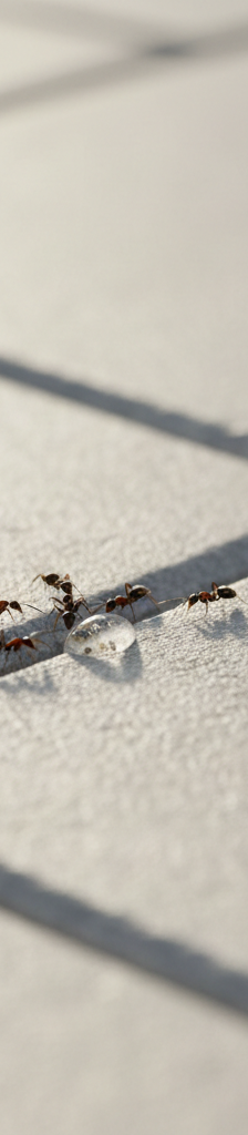 Close-up of ants marching on a patio with ant bait nearby