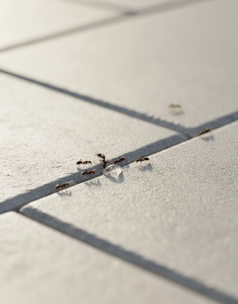 Close-up of ants marching on a patio with ant bait nearby