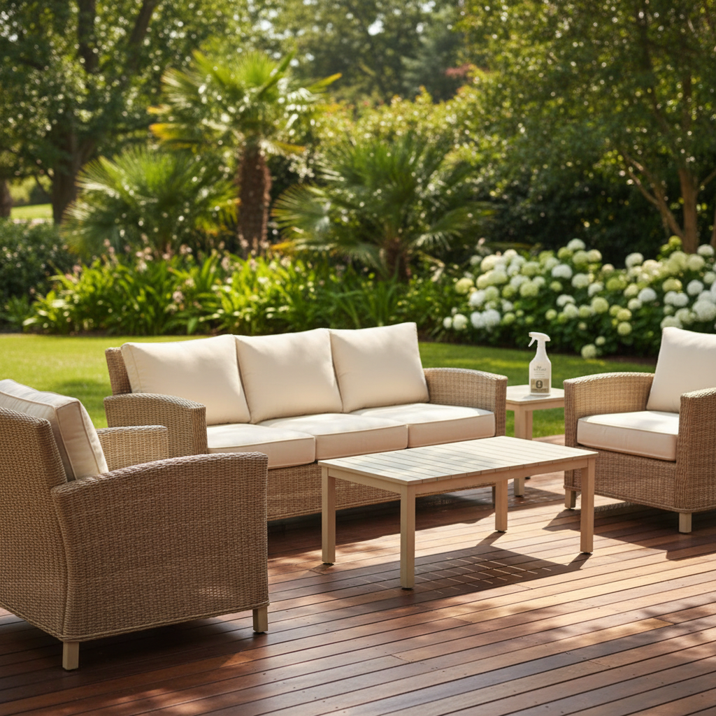 Pristine outdoor patio furniture set on a sunny deck, showcasing well-maintained cushions and frame.