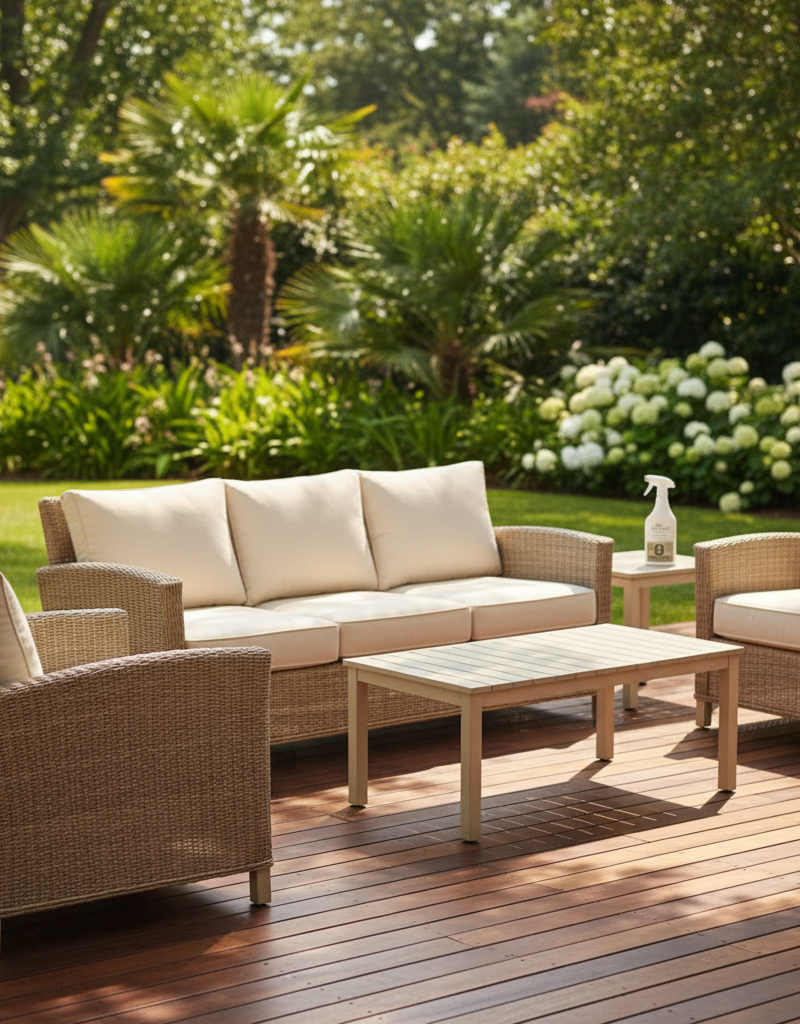 Pristine outdoor patio furniture set on a sunny deck, showcasing well-maintained cushions and frame.