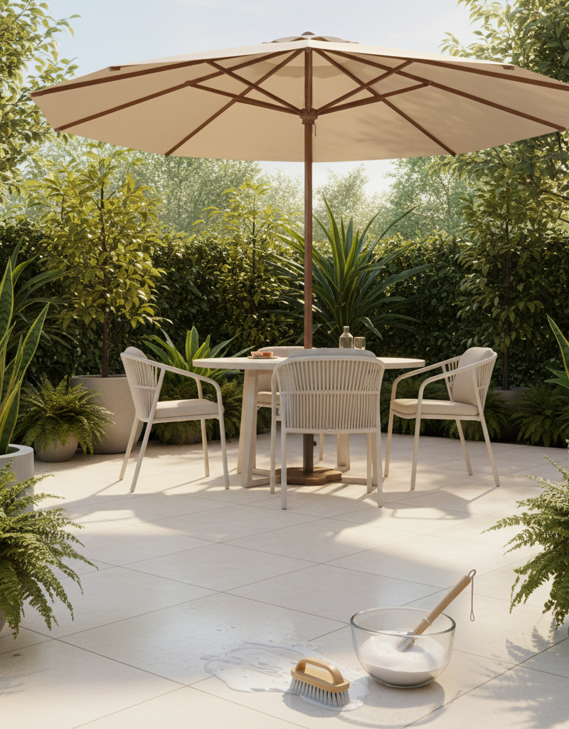 Sparkling clean patio furniture arranged on a deck with green plants in the background
