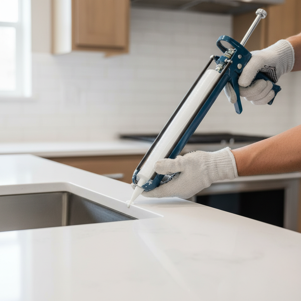 Contractor applying silicone caulk with a caulk gun around a kitchen sink to countertop joint.